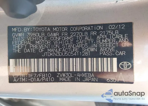 2012 Toyota Prius Three z USA, uszkodzony, nr VIN JTDKN3DU5C5411281